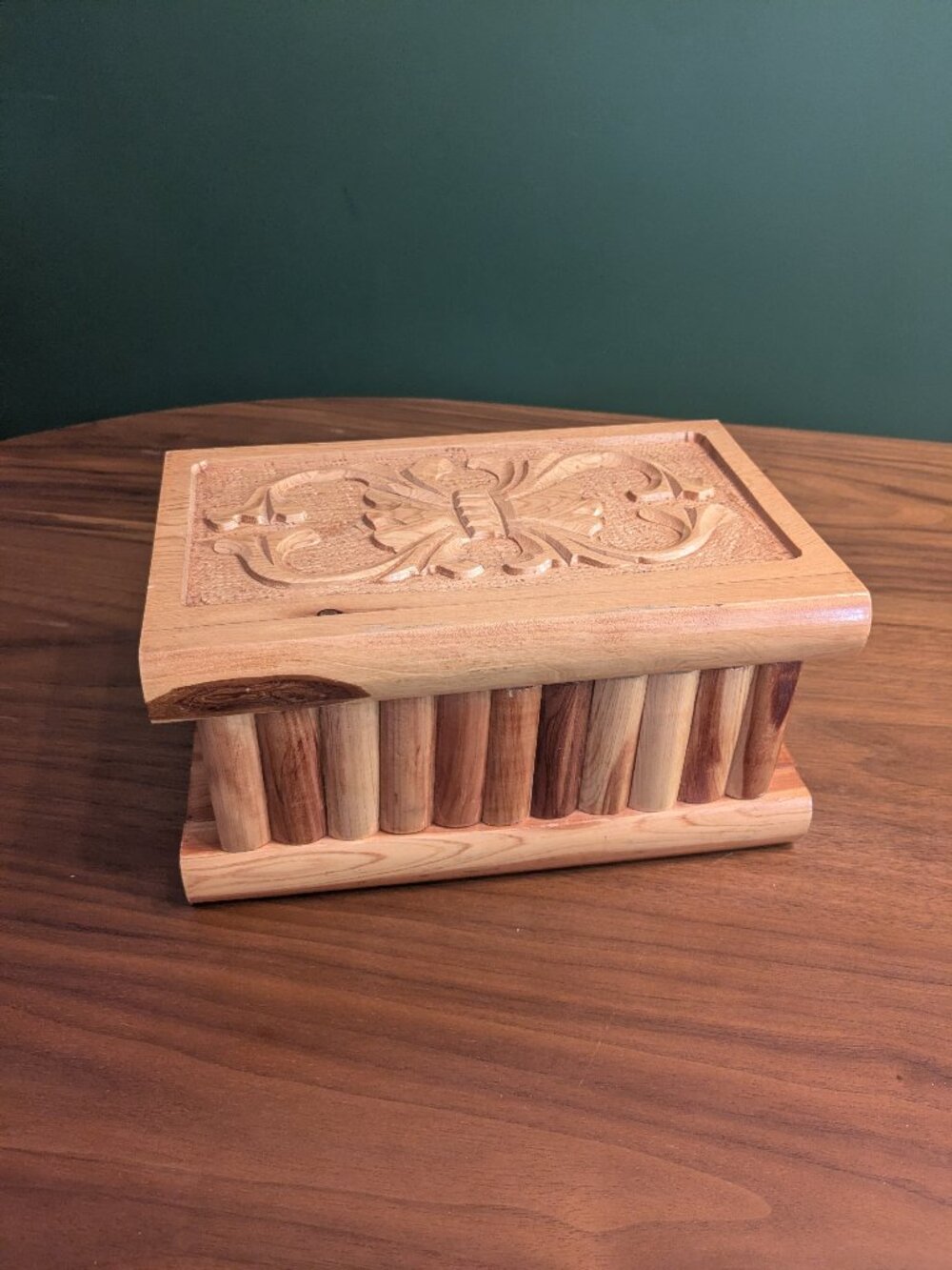 handcarved wooden puzzle box ornate Turkey 9"x5.5" art deco trinket jewelry READ